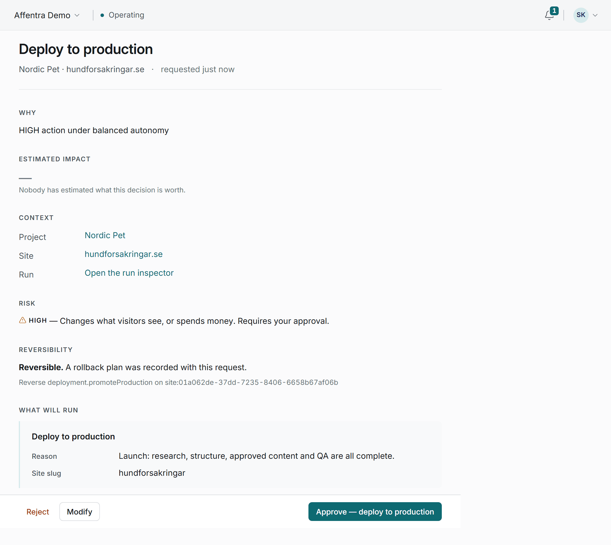 An Affentra decision brief for deploying a site to production, showing why a person is being asked, that nobody has estimated what the decision is worth, the project and site it affects, a HIGH consequence, that it is reversible with a recorded rollback plan, and the exact action that will run.