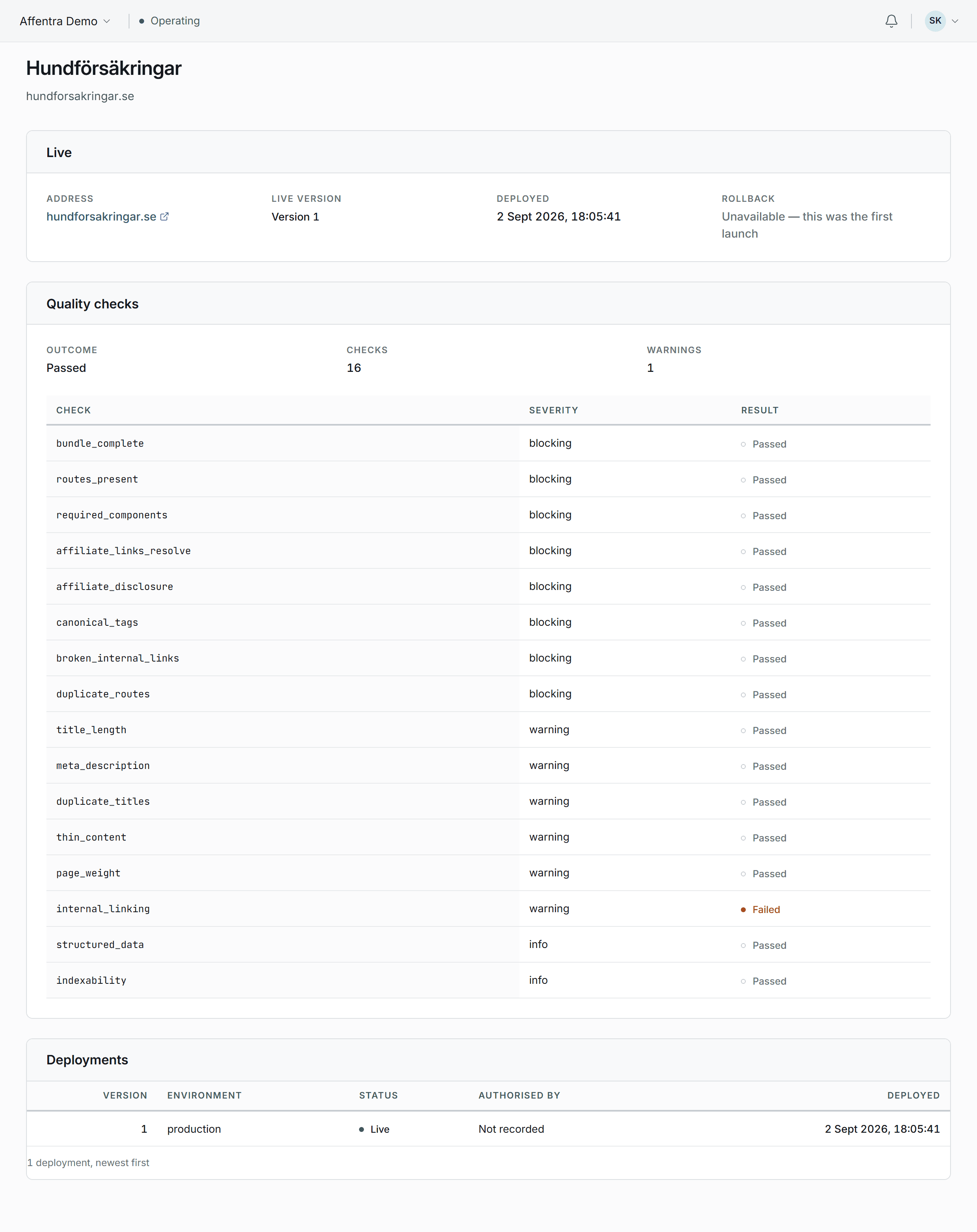 The Affentra site delivery detail: the live version and its deployment, above the full quality report listing each check, its severity and its result.