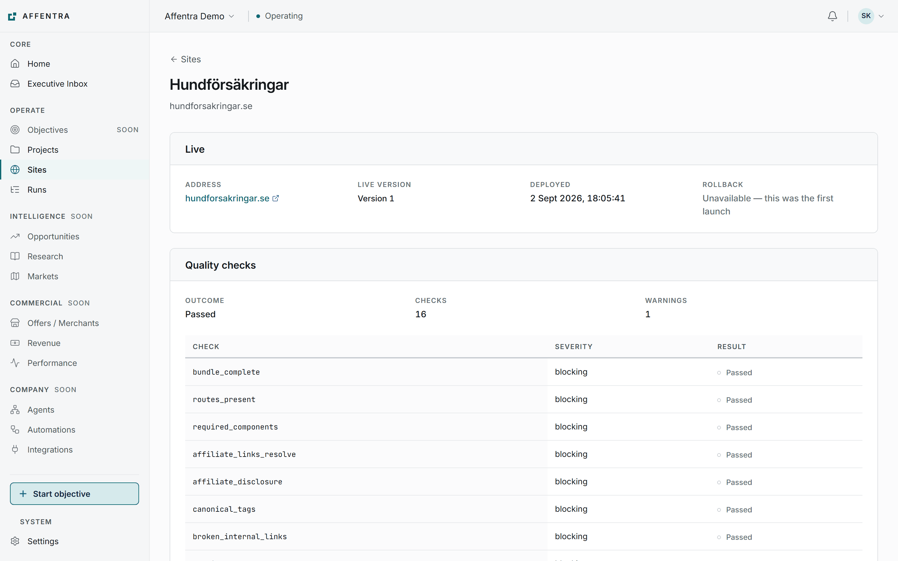 An Affentra site screen for hundforsakringar.se, showing the live address, that version 1 is live, when it was deployed, the rollback position, and a quality report of sixteen checks with one warning and none blocking.